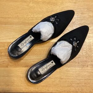 Brighton Black Pointed Toe Mules with Leather Trim Kitten Heels